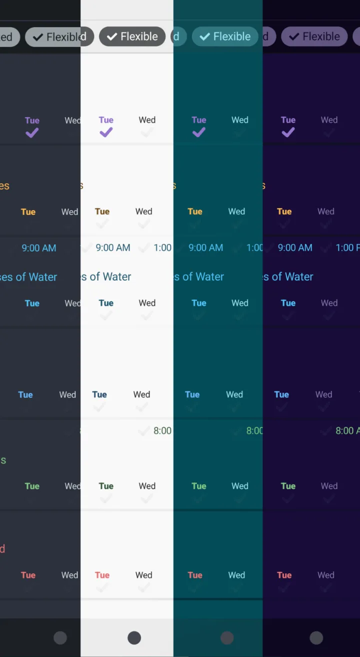 Habit list shown in four color themes: dark navy, light, teal, and purple